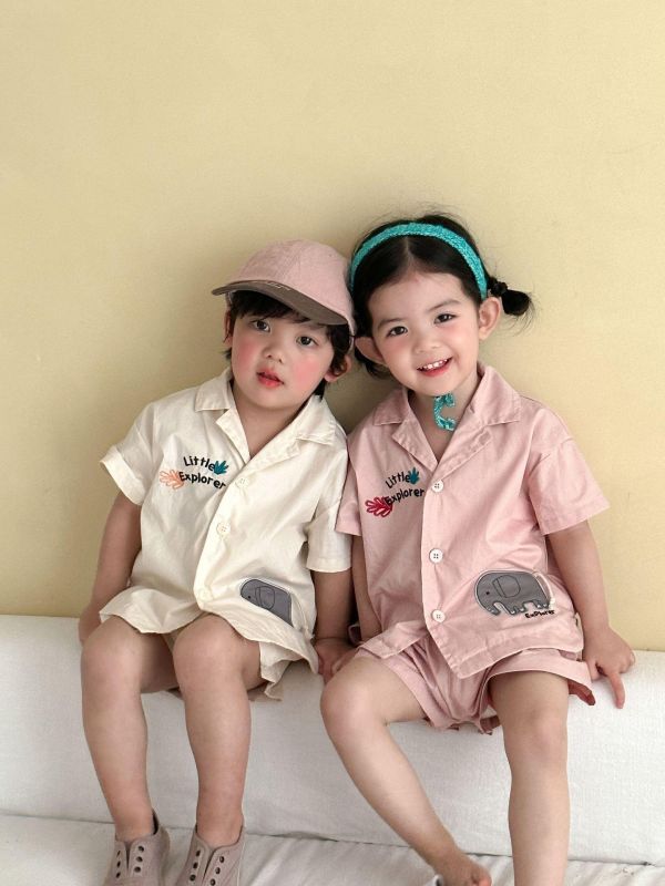 大象字母刺繡襯衫兩件式套裝 