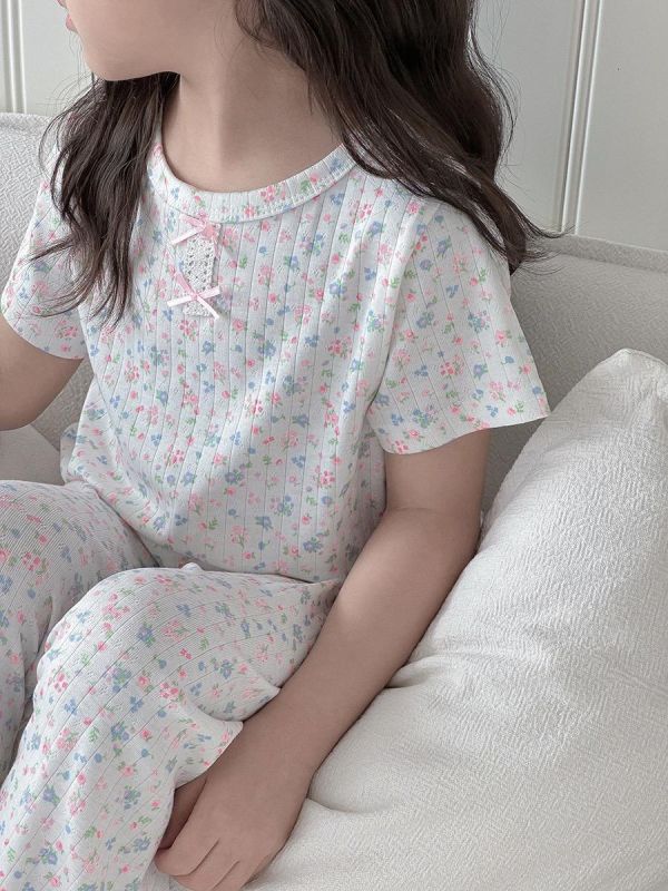 夏季碎花螺紋透氣居家兩件套套裝 