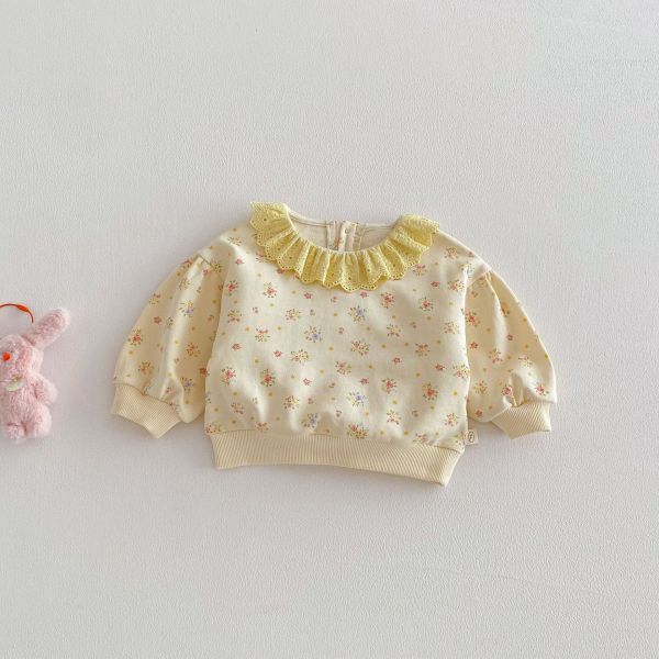 滿印碎花/小熊蕾絲花領上衣 