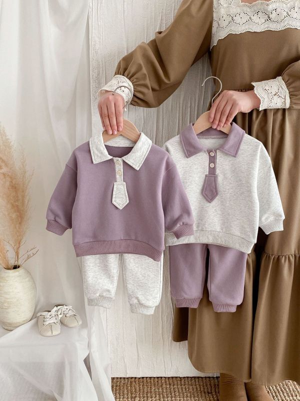 撞色學院風翻領上衣+休閒褲套裝 