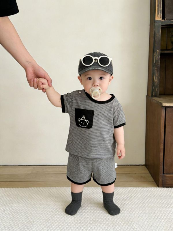 生日小熊口袋條紋兩件式套裝 