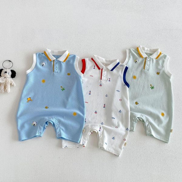 Polo翻領可愛印花雙釦連身裝 