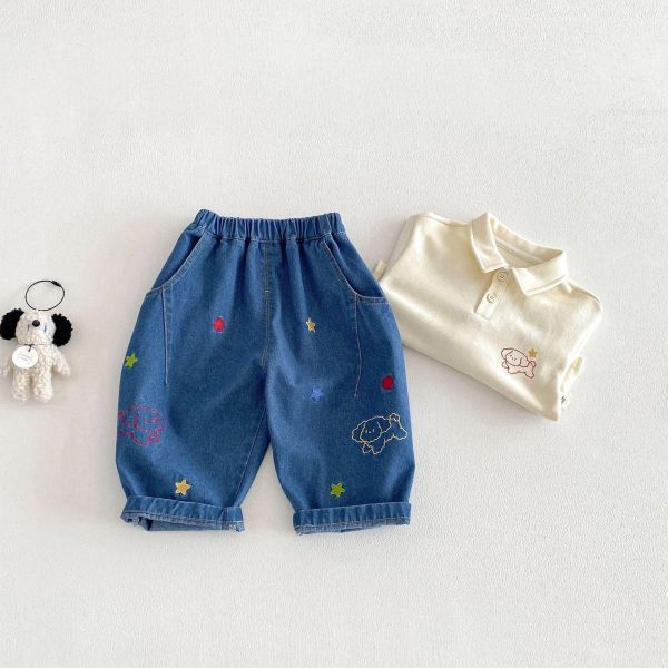 星星狗狗刺繡牛仔長褲 