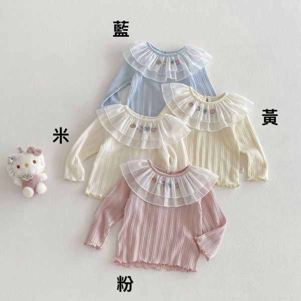 網紗荷葉領卡通素色彈力上衣 