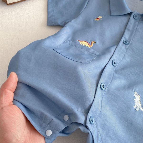恐龍刺繡單口袋天絲連身裝 