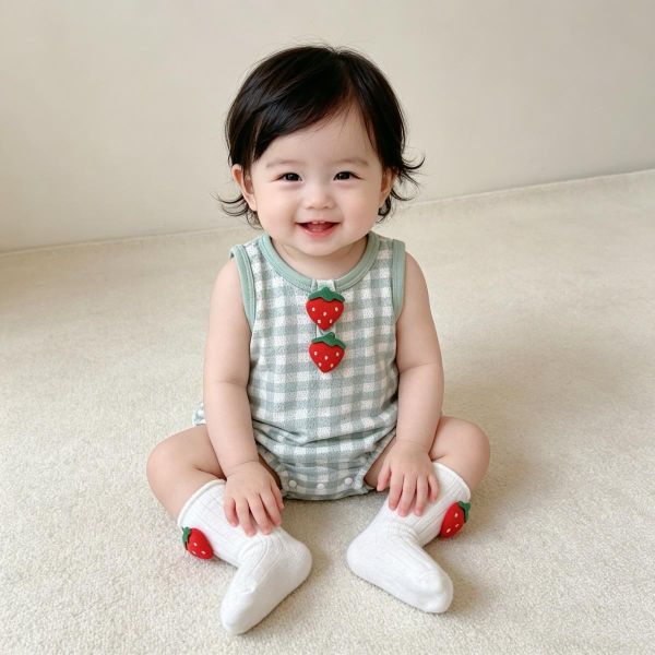 可愛草莓格紋棉質包屁衣 
