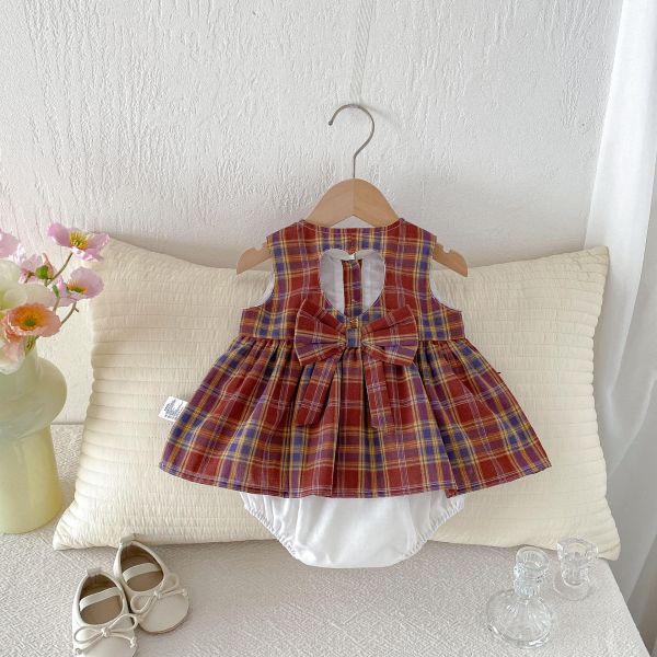 復古格紋微露背蝴蝶結包屁裙 