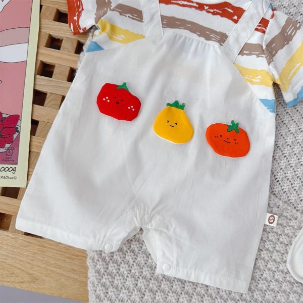 假兩件條紋上衣番茄吊帶褲 