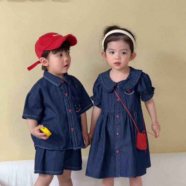 男女童笑臉牛仔襯衫布套裝/洋裝 