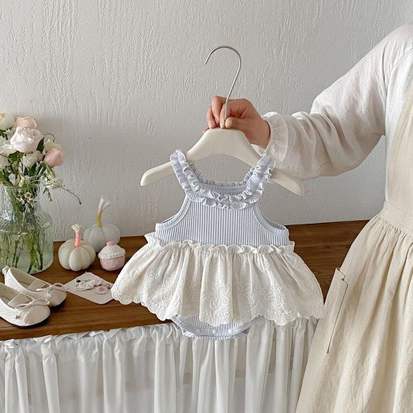 甜美螺紋蕾絲拼接包屁裙 