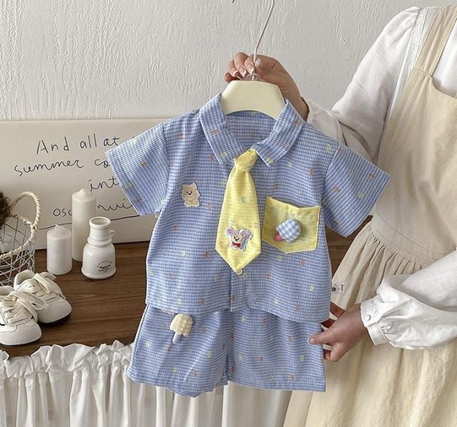 可愛娃娃領帶格紋兩件式套裝 