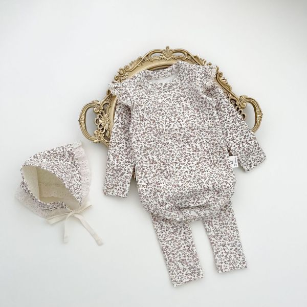 滿印碎花飛袖包屁衣+長褲+帽三件套裝 