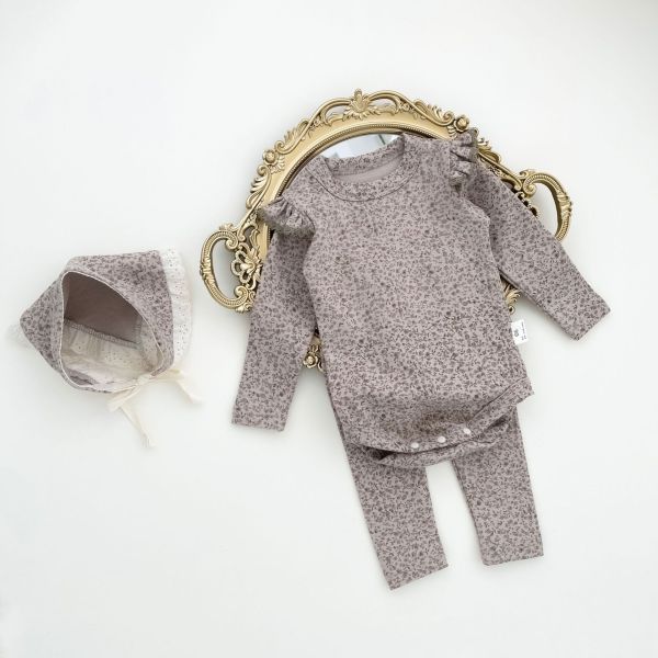 滿印碎花飛袖包屁衣+長褲+帽三件套裝 