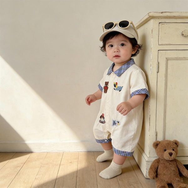 格紋翻領小熊刺繡開釦連身裝 