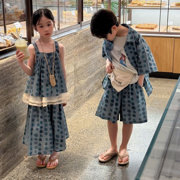 男女童圓點襯衫套裝/吊帶背心套裝 