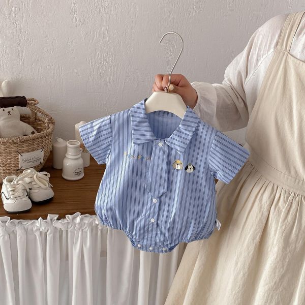 可拆式領帶-豎條紋翻領包屁衣 