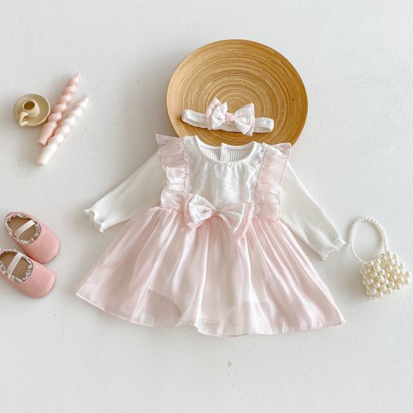 公主蝴蝶結假兩件短/長袖包屁裙(含頭飾) 