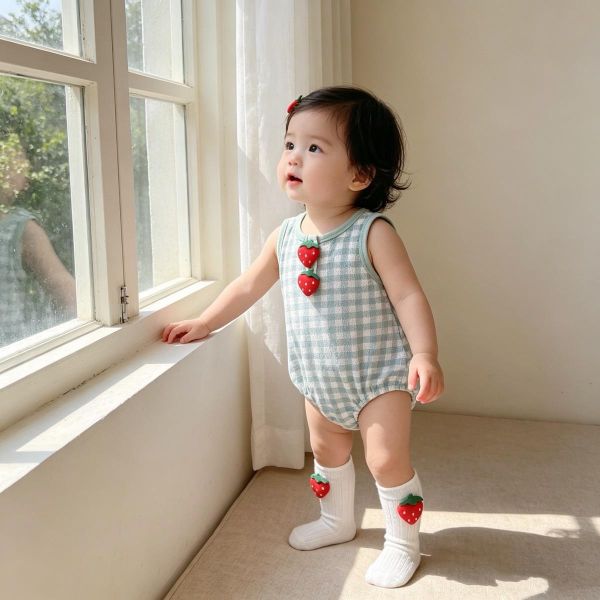 可愛草莓格紋棉質包屁衣 