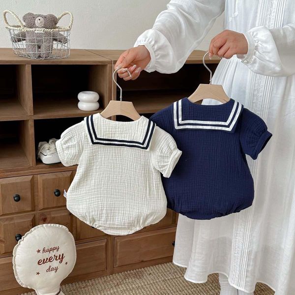 海軍風翻領棉麻雙扣包屁衣 