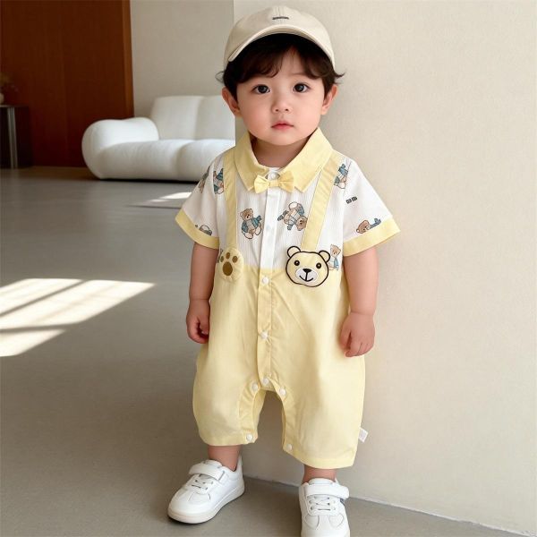 假兩件翻領小熊吊帶連身裝 