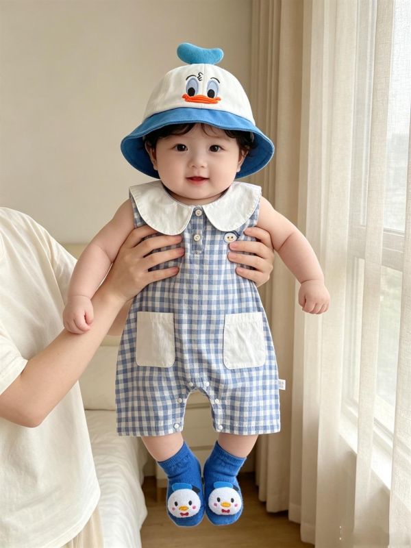 可愛鴨子翻領格紋連身裝 