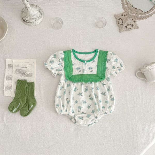 田園碎花綠方領包屁衣 