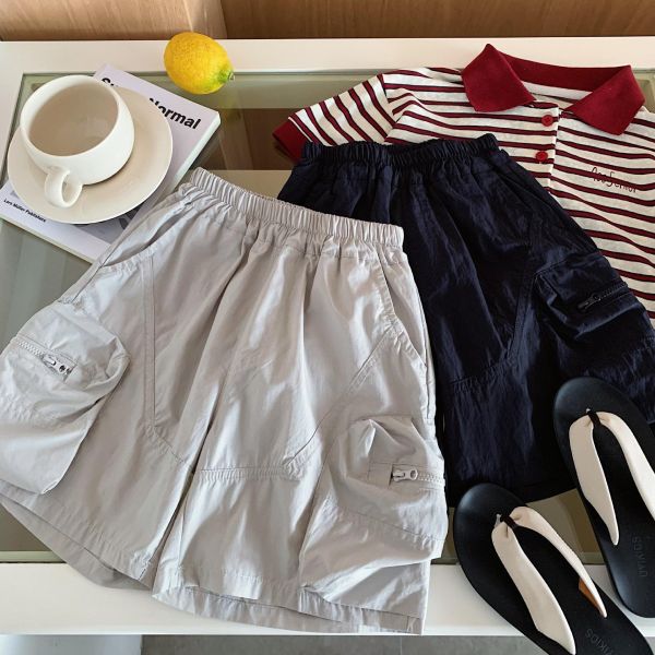 New素色雙拉鍊口袋五分短褲 