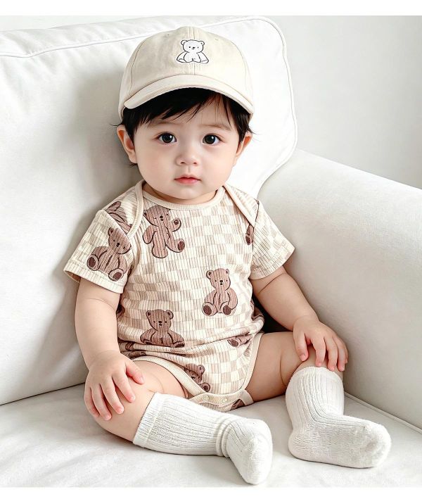 信封領螺紋小熊彈力包屁衣 