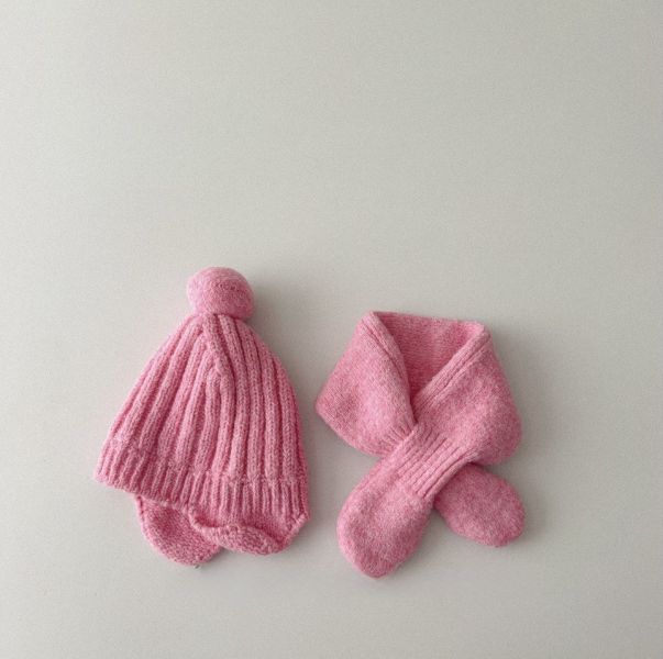 素色螺紋精靈護耳帽+圍脖 