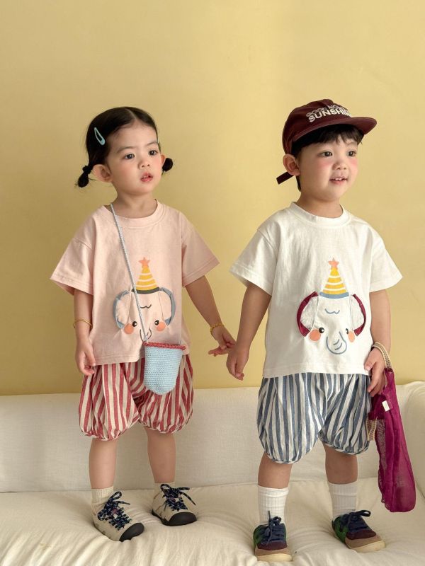 生日帽可愛大象上衣+豎條紋短褲套裝 