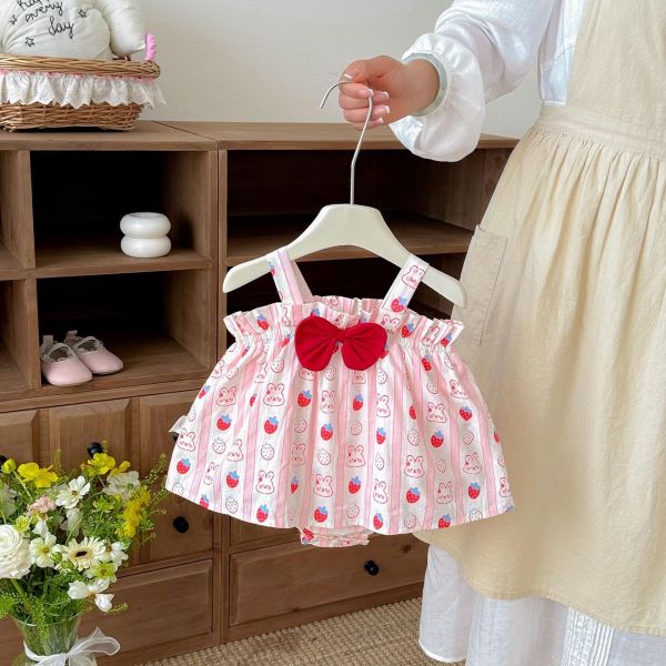 可愛蝴蝶結兔子印花背帶包屁裙 