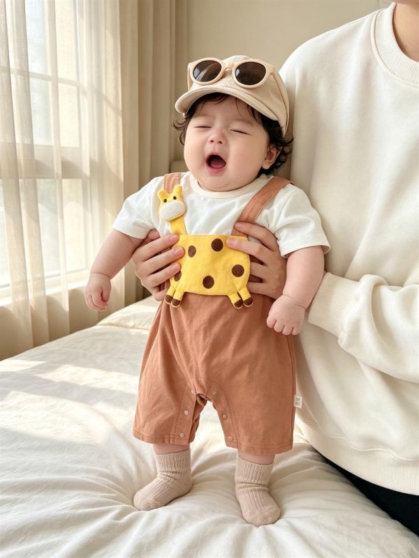 假兩件長頸鹿貼布吊帶連身裝 