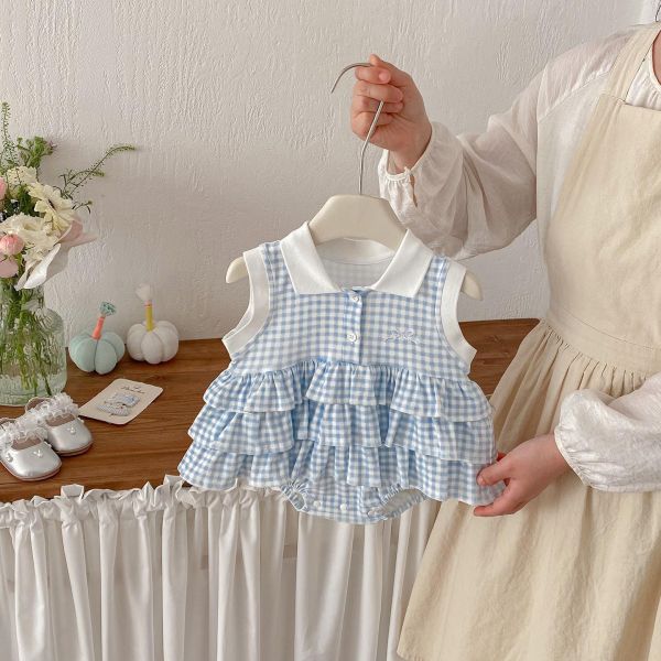 翻領格紋開釦蛋糕包屁裙 