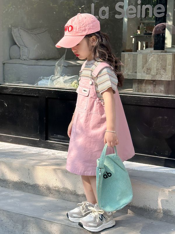 條紋上衣+粉色吊帶連身裙套裝 