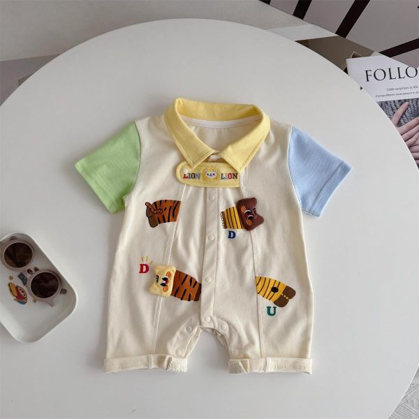 撞色翻領拼袖娃娃小獅子連身裝 