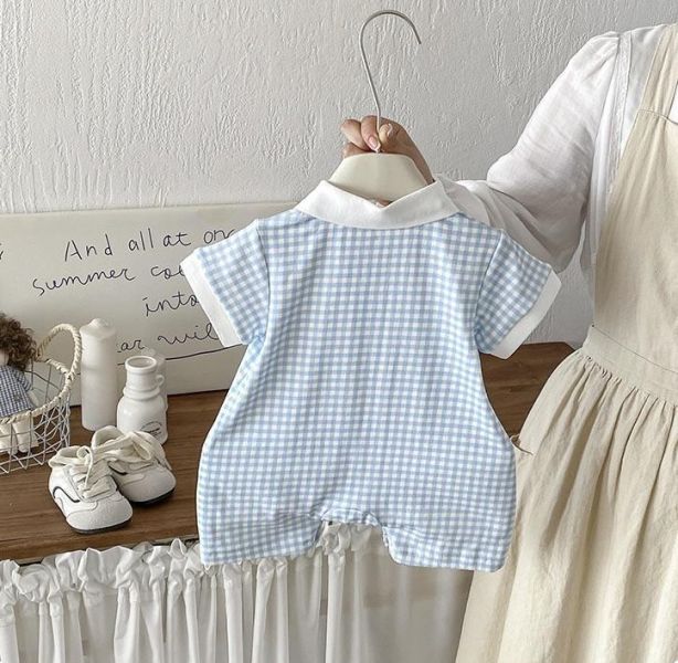 撞色翻領格紋連身裝 