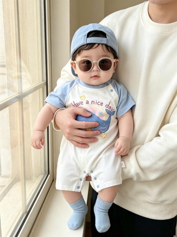 海洋鯨魚印花拼袖連身裝 