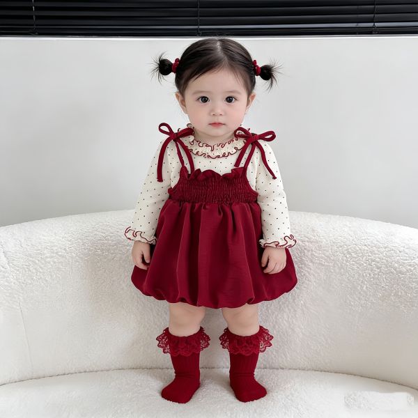 木耳立領點點上衣+酒紅綁帶吊帶裙 