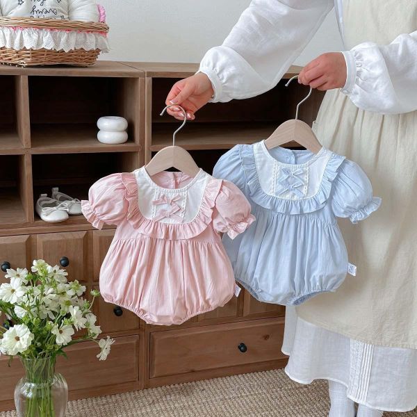 方領荷葉蝴蝶結澎袖包屁衣 