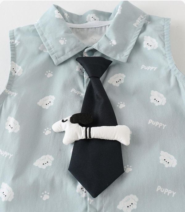 可愛狗狗印花領帶翻領連身裝 