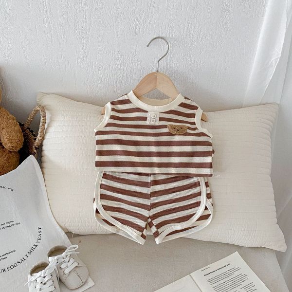 華夫格條紋小熊布標背心套裝 