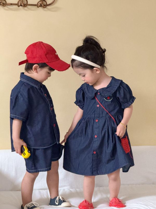 男女童笑臉牛仔襯衫布套裝/洋裝 