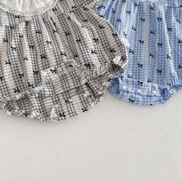 蝴蝶結格紋蕾絲花邊領包屁衣 