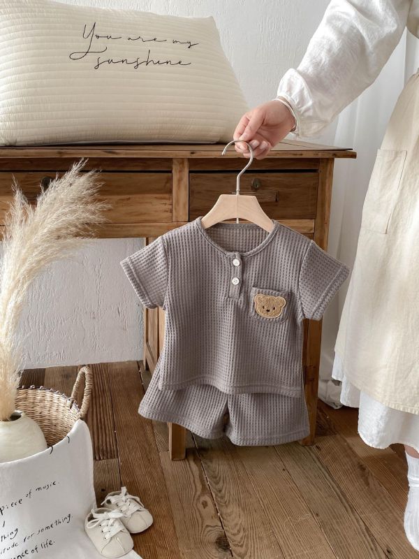 素色華夫格小熊單口袋彈力套裝 