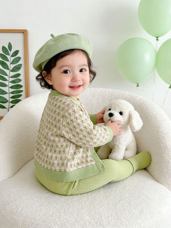 鬱金香外套+素色包屁衣+褲襪三件套 