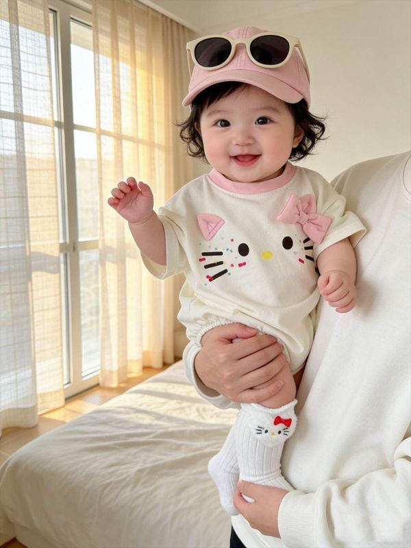 可愛貓咪印花寬鬆包屁衣 