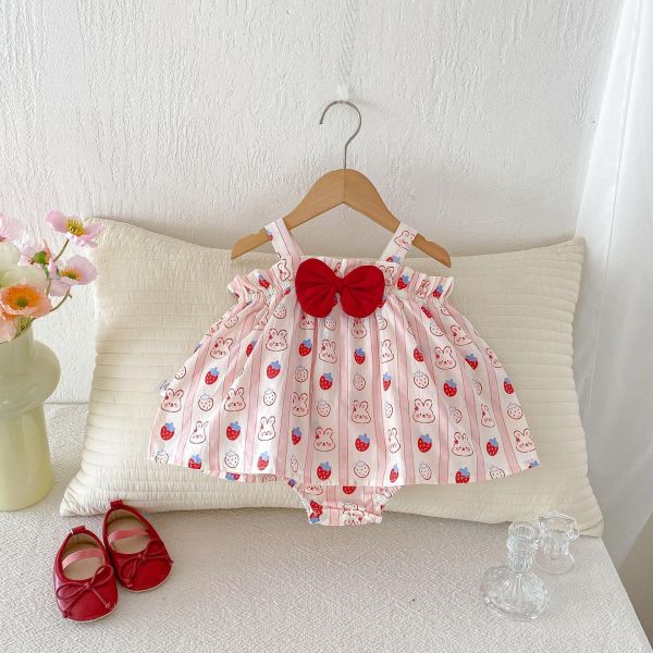 可愛蝴蝶結兔子印花背帶包屁裙 