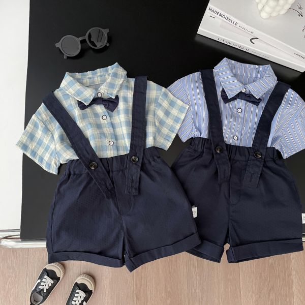 紳士領結條紋/格紋襯衫+吊帶短褲套裝 