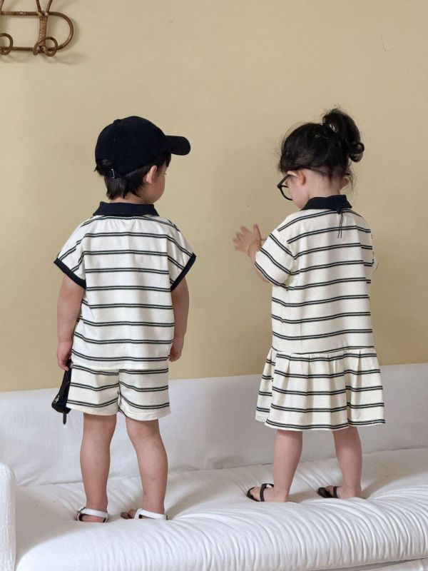 男女童經典條紋翻領套裝/洋裝 