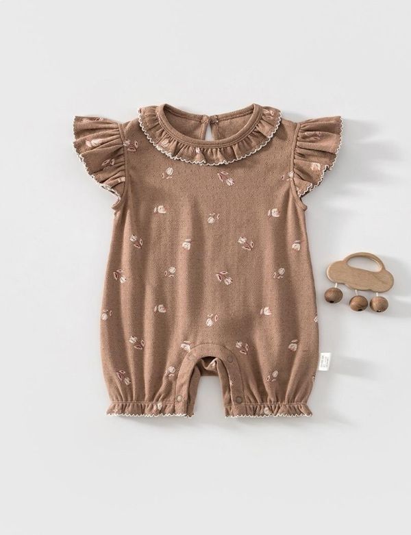 碎花彈力微孔花領飛袖連身裝 